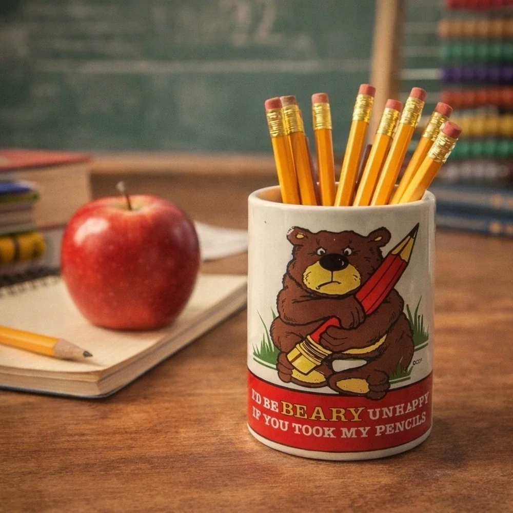 Vintage CDF Beary Unhappy Bear Ceramic Pencil Cup Holder Desk Organizer Taiwan